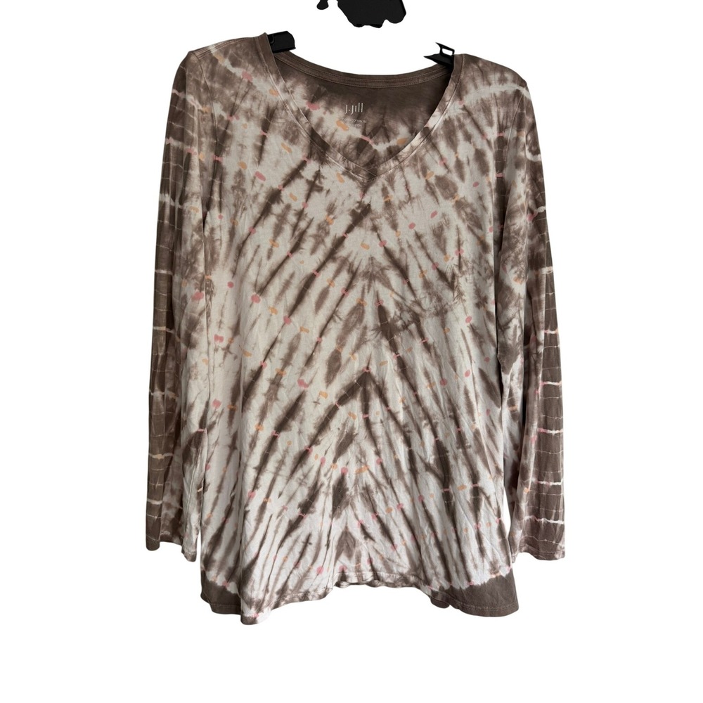 J. Jill Brown Tie Dye Cotton Tee V-Neck Long Sleeve Top Brown White Size L
